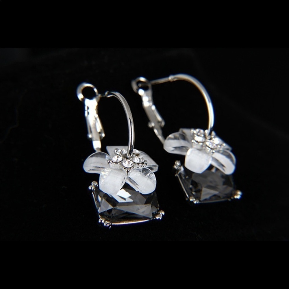 Acrylic Glittery Flower Tan Rhinestone Black Crystal Dangling Fashion Earrings